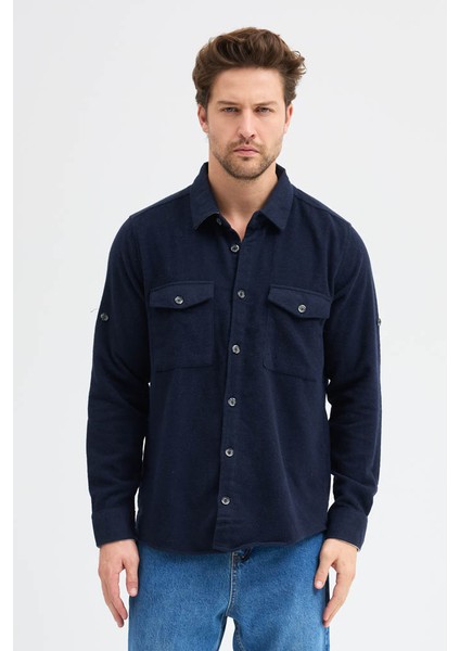 Erkek Rahat Kesim Spor Yaka Oduncu Flanel Çift Cep Kapaklı Kışlık Gömlek