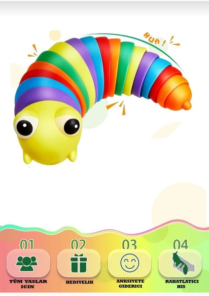 Söktak 20 cm Tırtıl Stres ve Anksiyete Giderici Eğlenceli Esnek Oyuncak, Renkli Fidget