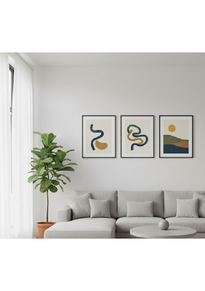 Iskandinav Tarzı Akışkan Formlar ve Gün Doğumu 3 Parça Çerçeveli Tablo Seti