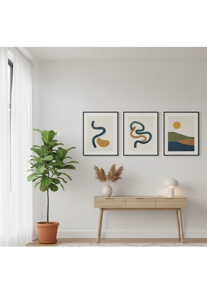 Iskandinav Tarzı Akışkan Formlar ve Gün Doğumu 3 Parça Çerçeveli Tablo Seti fiyatları