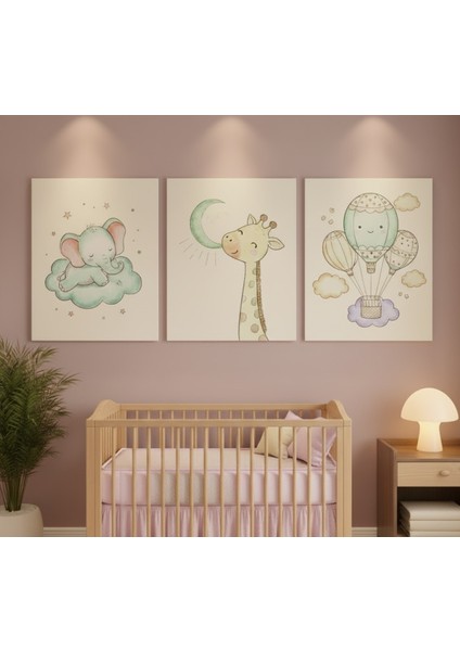 3'lü Bebek Odası Kanvas Tablo Seti - Hayvan Figürlü Tablo, Pastel Bebek Odası Tablo Seti