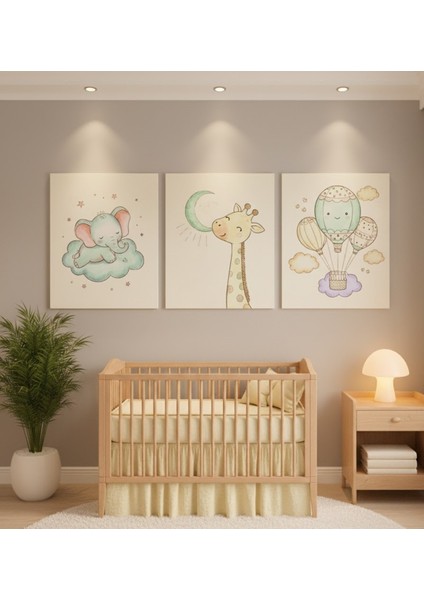 3'lü Bebek Odası Kanvas Tablo Seti - Hayvan Figürlü Tablo, Pastel Bebek Odası Tablo Seti fiyatları