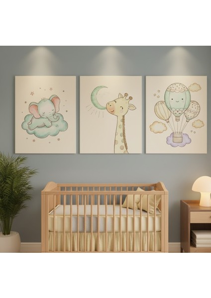 3'lü Bebek Odası Kanvas Tablo Seti - Hayvan Figürlü Tablo, Pastel Bebek Odası Tablo Seti modelleri