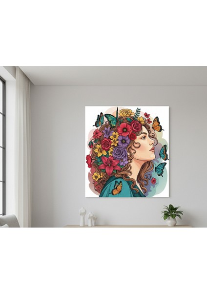 Modern Kanvas Tablo, Canlı Renklerle Çiçek ve Kelebekler Arasında Kadın Portresi Kanvas Tablosu fiyatları