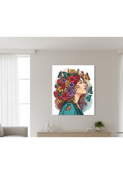 Modern Kanvas Tablo, Canlı Renklerle Çiçek ve Kelebekler Arasında Kadın Portresi Kanvas Tablosu modelleri