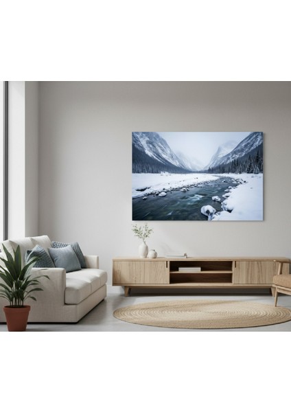 Kış Manzarası Kanvas Tablo, Büyüleyici Kış Vadisi Tablo, Modern Tablo, Mavi Tablo
