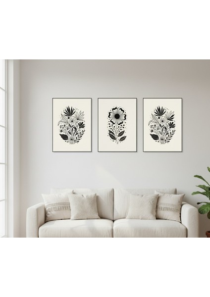 Siyah Beyaz Çiçek Desenli 3'lü Çerçeveli Tablo Seti - Boho Duvar Dekoru