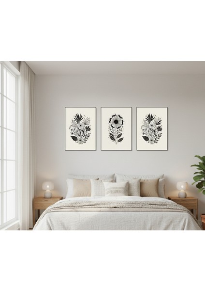 Siyah Beyaz Çiçek Desenli 3'lü Çerçeveli Tablo Seti - Boho Duvar Dekoru fiyatları