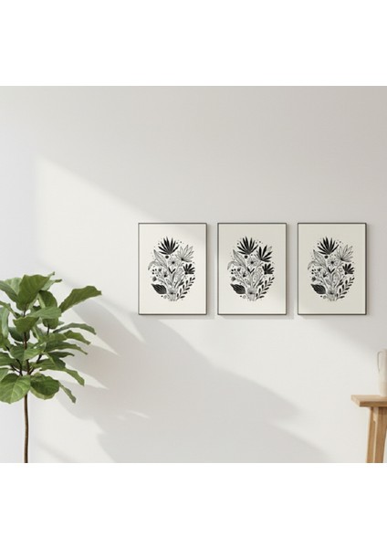 Siyah Beyaz Çiçek Desenli 3'lü Çerçeveli Tablo Seti - Boho Duvar Dekoru modelleri