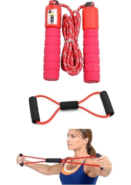2'li Set Antrenman Sayaçlı Sünger Saplı Atlama Ipi Pilates Egzersiz Direnç Lastiği