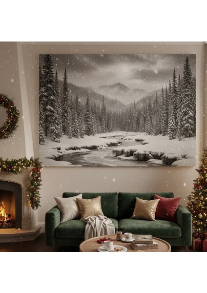 Siyah Beyaz Kış Manzarası Kanvas Tablo | Kar Yağışı Orman ve Dağ Dekoru