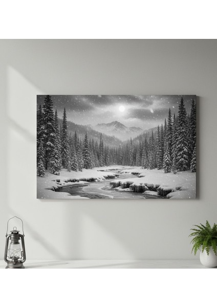 Siyah Beyaz Kış Manzarası Kanvas Tablo | Kar Yağışı Orman ve Dağ Dekoru fiyatları