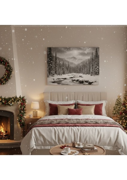 Siyah Beyaz Kış Manzarası Kanvas Tablo | Kar Yağışı Orman ve Dağ Dekoru modelleri
