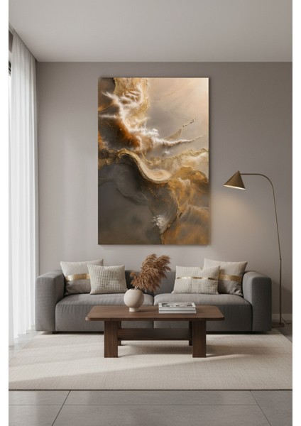 Altın Parıltılı Soyut Kanvas Tablo | Lüks Gri Kahve Sanat Baskısı