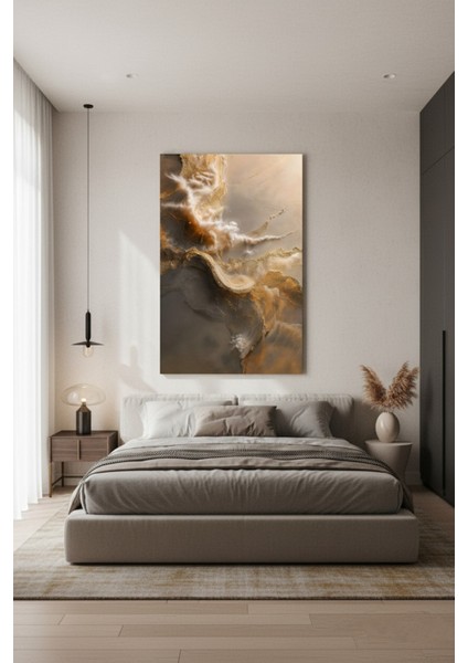 Altın Parıltılı Soyut Kanvas Tablo | Lüks Gri Kahve Sanat Baskısı modelleri