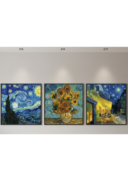 Van Gogh Tarzı Klasik Eserler Koleksiyonu Kare Çerçeveli Tablo Seti 3'lü Tablo Seti