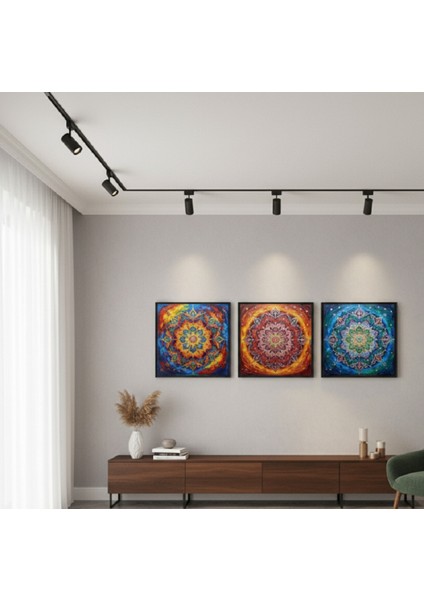 3 Parçalı Renkli Mandala Tablo Seti, Çerçeveli 3'lü Mandala Tablo Seti