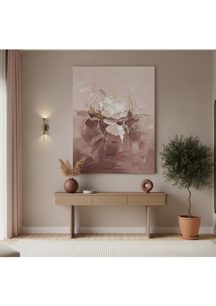 Soyut Kanvas Tablo - Pembe ve Bej Doku Efektli Tablo,lüks Salon ve Yatak Odası Kanvas Tablo