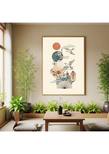 Japon Sanatı Kuş ve Fener Temalı Kanvas Tablo,| Iskandinav Minimalist Tablo