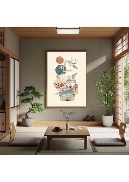 Japon Sanatı Kuş ve Fener Temalı Kanvas Tablo,| Iskandinav Minimalist Tablo modelleri
