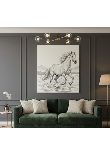 At Tablosu Karakalem Efektli, Doğa ve Hayvan Severlere Özel Koşan At Kanvas Tablo, S,yah Beyaz Tablo