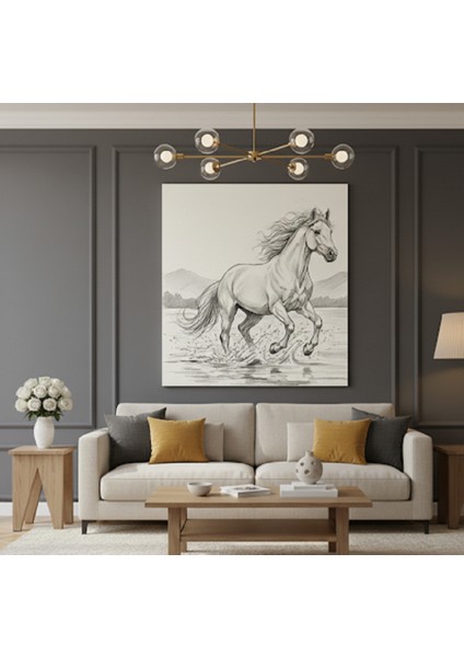 At Tablosu Karakalem Efektli, Doğa ve Hayvan Severlere Özel Koşan At Kanvas Tablo, S,yah Beyaz Tablo fiyatları