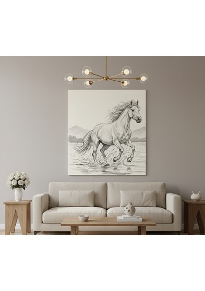 At Tablosu Karakalem Efektli, Doğa ve Hayvan Severlere Özel Koşan At Kanvas Tablo, S,yah Beyaz Tablo modelleri