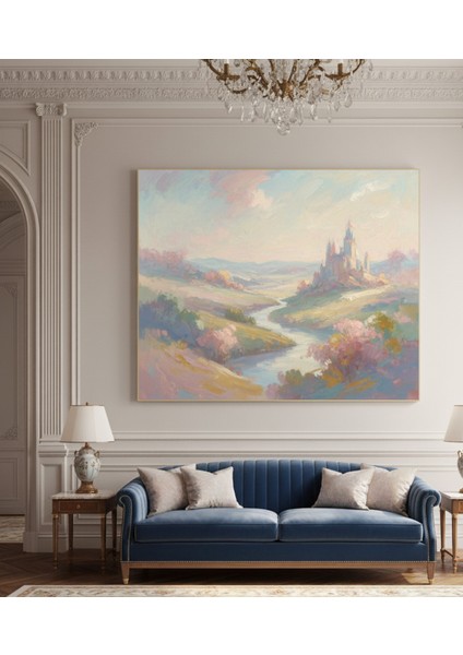 Yağlı Boya Efektli Pastel Tonlarda Romantik Doğa Tablosu, Modern Salon Kanvas Tablo