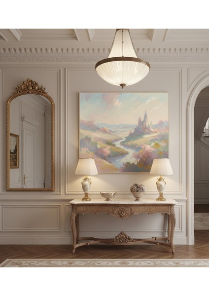 Yağlı Boya Efektli Pastel Tonlarda Romantik Doğa Tablosu, Modern Salon Kanvas Tablo modelleri