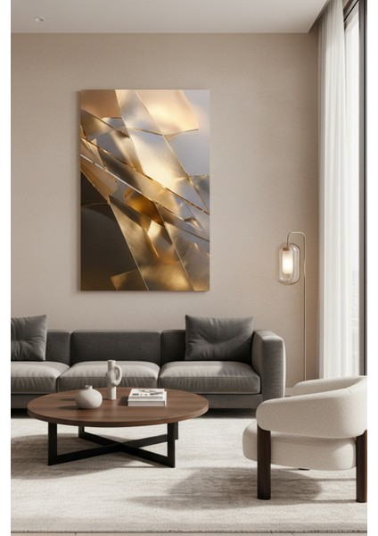 Lüks Altın Yansımalar Soyut Kanvas Tablo | Modern Geometrik Duvar Dekoru