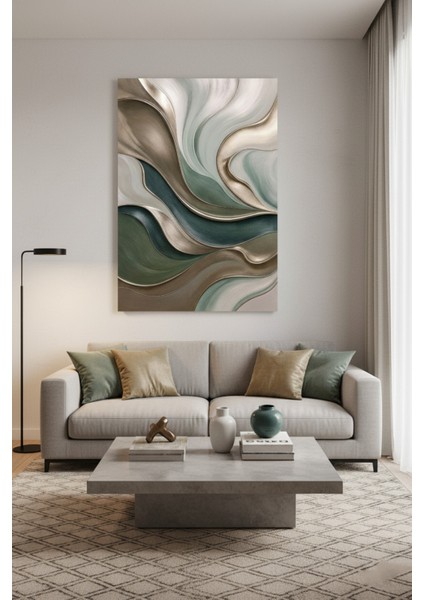 Modern Soyut Akışkan Formlar Kanvas Tablo | Yeşil, Bej ve Altın Tonlarında Lüks Duvar Dekoru