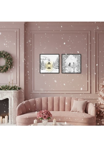 2'li Romantik Kış Çizim Tablo Seti | Fenerli Yol ve El Ele Çift Duvar Sanatı