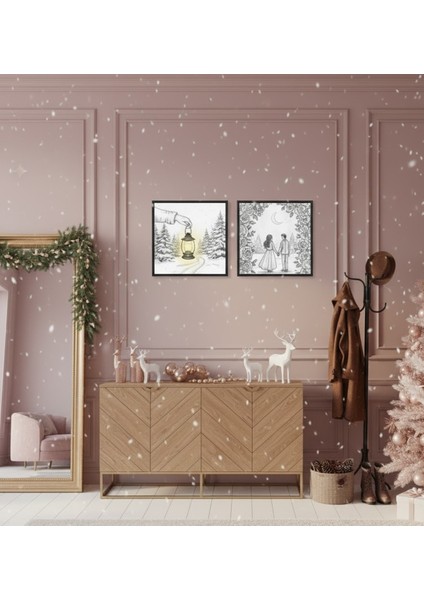 2'li Romantik Kış Çizim Tablo Seti | Fenerli Yol ve El Ele Çift Duvar Sanatı modelleri