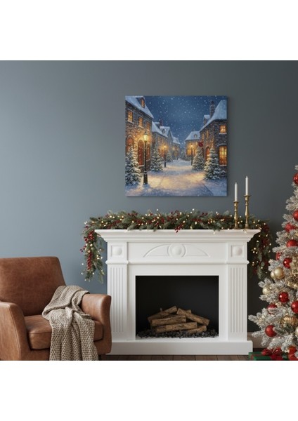 Kış Gecesi Kar Yağışı Temalı Kanvas Tablo,yeni Yıl Dekorasyonu,yılbaşı Tablo