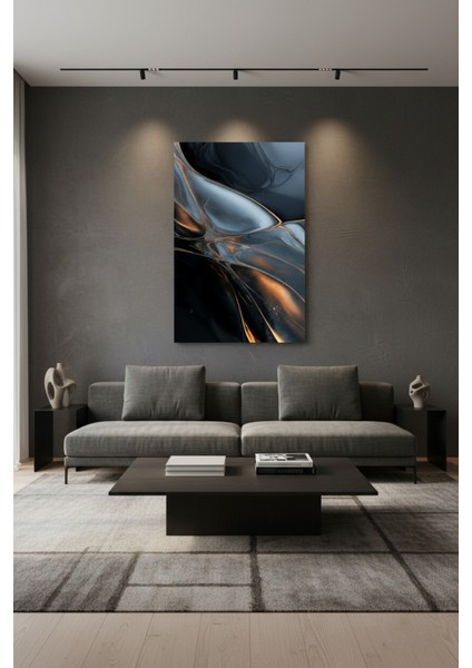 Lüks Soyut Sanat Tablosu | Koyu Gri Mavi ve Altın Vurgulu Kanvas Tablo