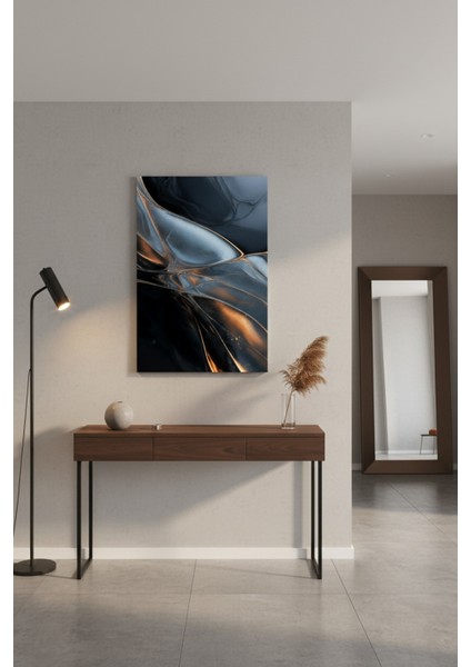 Lüks Soyut Sanat Tablosu | Koyu Gri Mavi ve Altın Vurgulu Kanvas Tablo fiyatları