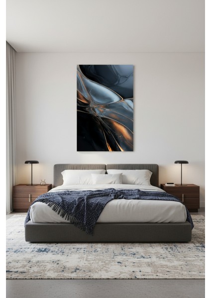 Lüks Soyut Sanat Tablosu | Koyu Gri Mavi ve Altın Vurgulu Kanvas Tablo modelleri