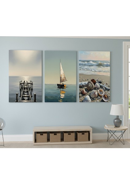 3 Parçalı Sahil Temalı Kanvas Tablo Set,3lü Sahil ve Deniz Temalı Kanvas Tablo Set,huzur Mavi Tablo