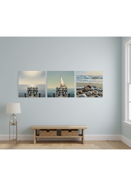3 Parçalı Sahil Temalı Kanvas Tablo Set,3lü Sahil ve Deniz Temalı Kanvas Tablo Set,huzur Mavi Tablo modelleri