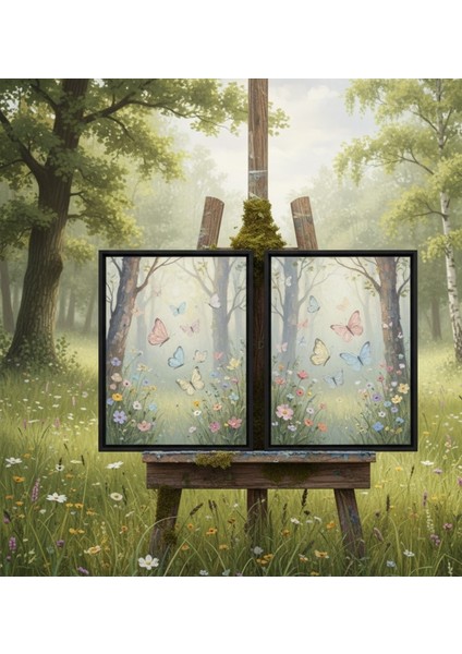 2'li Masalsı Orman ve Kelebek Tablosu Seti | Pastel Renkler Doğa Temalı Çerçeveli Tablo Seti