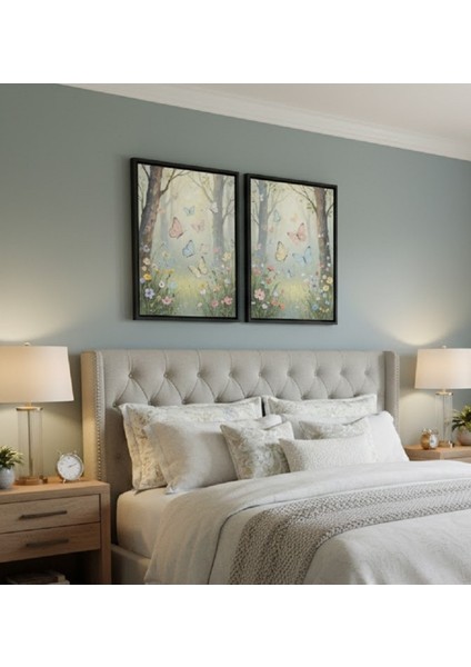 2'li Masalsı Orman ve Kelebek Tablosu Seti | Pastel Renkler Doğa Temalı Çerçeveli Tablo Seti fiyatları