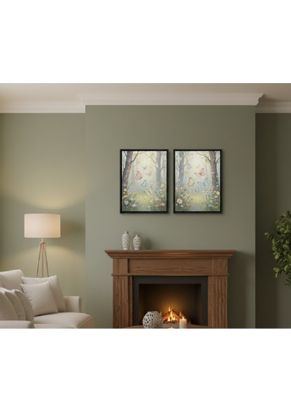 2'li Masalsı Orman ve Kelebek Tablosu Seti | Pastel Renkler Doğa Temalı Çerçeveli Tablo Seti modelleri
