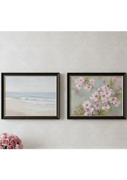 Siyah Çerçeveli Huzur Veren Deniz ve Pembe Bahar Çiçekleri Ikili Tablo, Pastel Tablo Seti