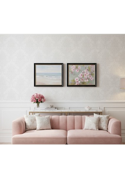 Siyah Çerçeveli Huzur Veren Deniz ve Pembe Bahar Çiçekleri Ikili Tablo, Pastel Tablo Seti fiyatları