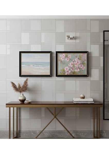 Siyah Çerçeveli Huzur Veren Deniz ve Pembe Bahar Çiçekleri Ikili Tablo, Pastel Tablo Seti modelleri