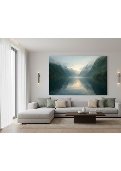 Norveç Fiyort Manzaralı Kanvas Tablo | Sisli Dağlar ve Su Yansıması ile Huzur Veren Tablo
