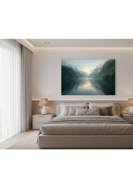 Norveç Fiyort Manzaralı Kanvas Tablo | Sisli Dağlar ve Su Yansıması ile Huzur Veren Tablo fiyatları