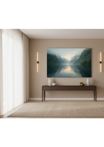 Norveç Fiyort Manzaralı Kanvas Tablo | Sisli Dağlar ve Su Yansıması ile Huzur Veren Tablo modelleri