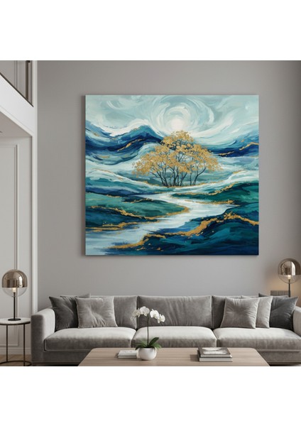 Modern Soyut Manzara Tablo – Mavi ve Beyaz Tonlarda Ağaç ve Doğa Temalı Kanvas Duvar Dekoru