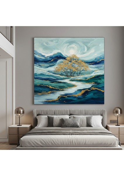 Modern Soyut Manzara Tablo – Mavi ve Beyaz Tonlarda Ağaç ve Doğa Temalı Kanvas Duvar Dekoru fiyatları